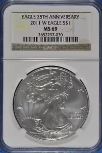 2011 W Burnished 1 OZ Silver American Eagle NGC MS 69 25th Anniversary - Picture 1 of 2