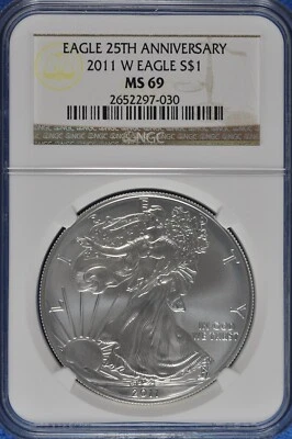 2011 W Burnished 1 OZ Silver American Eagle NGC MS 69 25th Anniversary - Image 1 of 2