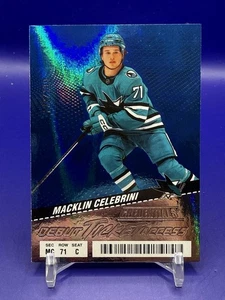 Credenciales de cubierta superior 2024-25 - acceso al boleto de debut Macklin Celebrini azul/399 - Imagen 1 de 2