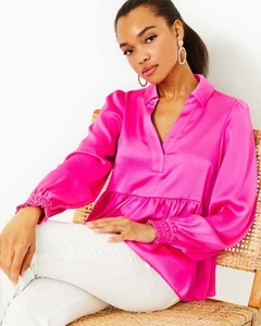 Lilly Pulitzer Jaylene Dark Pink Party Puff Long Sleeve Jacquard Size 10 - Picture 1 of 8