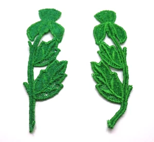 Floral Leaf Stem Patches Pair Vintage Embroidered Green Appliqué Lot of 2 - Picture 1 of 5