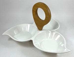 Brandani Italy 3 Section White Porcelain & Bamboo Serving Dish, MCM, Party, NEW - Picture 1 of 9
