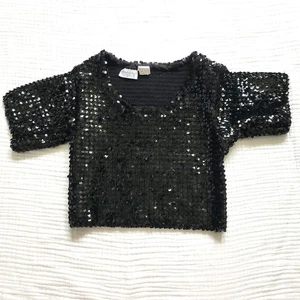 Vintage 80s/90s Black Allover Sequin Crop Top Womens S* Petite Sparkle Blouse - Picture 1 of 5