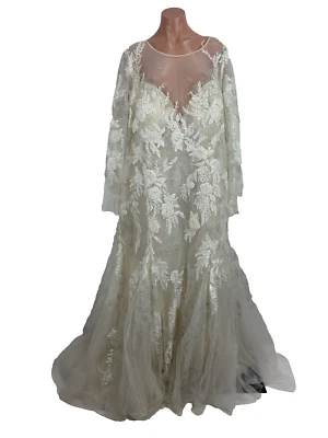 Oleg Cassini Illusion Beaded Lace Wedding Dress 24W Long Sleeve Gown 8CWG844 - Image 1 of 4
