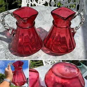 👀PAIR C1880 STEVENS & WILLIAMS Ruby glass Square Lip Pitcher JUG Rope handle 8” - Picture 1 of 24