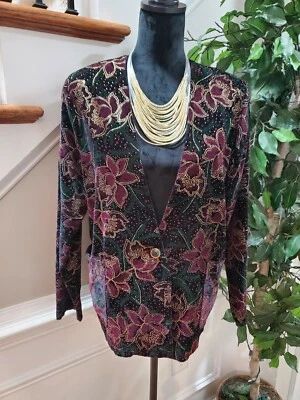 Vintage Jeri Marque Black Floral Acetate Single Breasted Casual Blazer Size M - Image 1 of 4