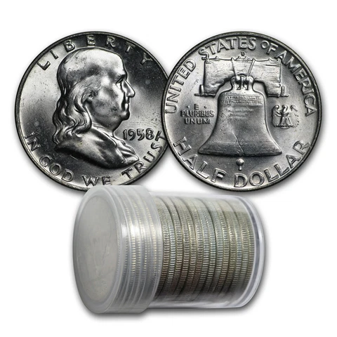 1958-D Franklin Half Dollar 20-Coin Roll BU Cover