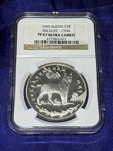 Russia 1995 Silver Coin 1oz 3 Rouble Wildlife Lynx NGC PF67 Ultra Cameo - Picture 1 of 5