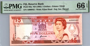 Fiji 5 Dollars 1992 PMG 66 EPQ GEM UNC Pick # 93a - Picture 1 of 3