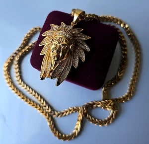 Collar de cadena colgante cabeza india chapado en oro vintage 30'L - Imagen 1 de 6