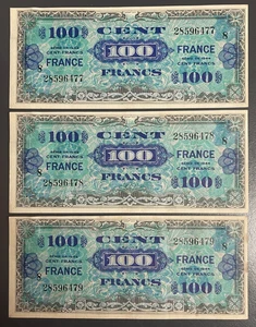 Schatz. Lot von 3 Banknoten zu 100 Frs Frankreich 1945 Serie 8, Nr. folgt. TTB - Bild 1 von 2