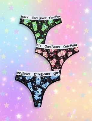 Conjunto de calcinha fio dental Care Bears 3 peças desenho animado preto Kawaii y2k multicolorido elástico cintura - Imagem 1 de 4