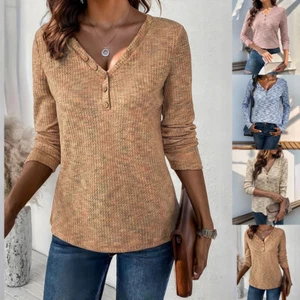 Womens Ssolid V-Neck Casual Long Sleeve T-shirt Ladies Winter Button Blouse Tops - Picture 1 of 24