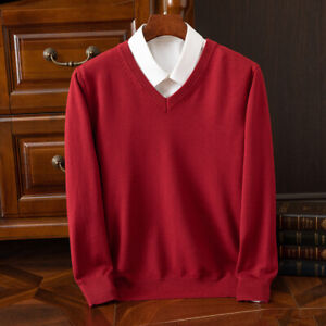 Men's Cashmere Blend Sweater V-Neck Long Sleeve Pullover Knit Base Warm Knitwear