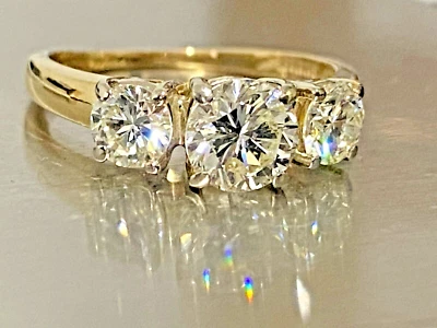14K Diamond Trilogy Gold Engagement Ring 1.5ct Carat 3 Natural 14ct Vintage - Image 1 of 4