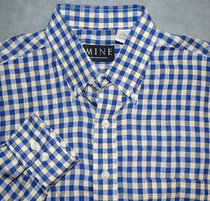MINE MENS SHIRT M LINEN BLUE YELLOW/CREAM PLAID CHECK  - Picture 1 of 7
