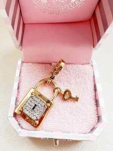 Juicy Couture Gold Tone Crystals Embellished Lock with Key Bracelet Charm New - Picture 1 of 9