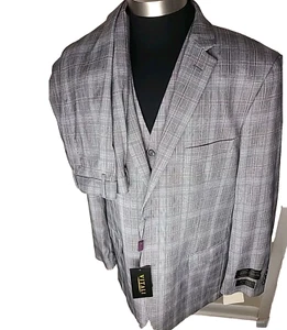 Mens Vitali Three Piece Suit Vested Suit Brand New 44R 38W Gray plaid NWT - Picture 1 of 11