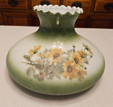 VINTAGE GWTW 9 3/4" FITTER GREEN FLORAL HURRICANE OIL LAMP SHADE RUFFLED TOP
