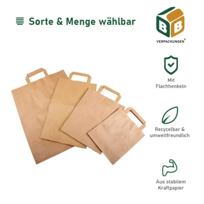 Papiertragetaschen in verschiedenen Größen braun weiß Papiertüten Flachhenkel - Bild 1 von 3