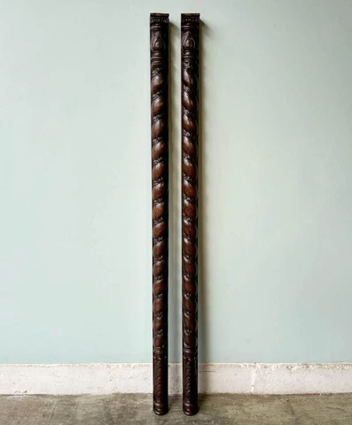 *Pair of 70" Tall French Antique Solid Oak Wood Trim Posts Salvage Highly Carved Cover