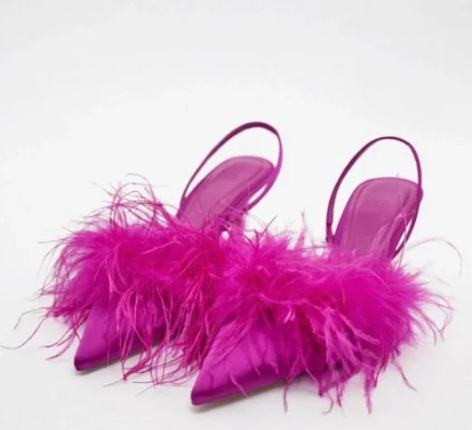 ZARA FEATHERED FABRIC HEELED SHOES Pink Fuchsia Slingback Heels Sz 39 NWT - Image 1 of 3