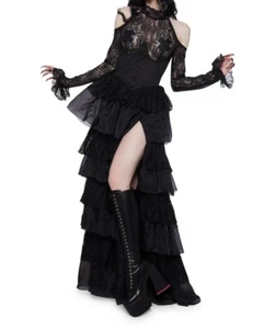 NWT Goth Prom Black Lace tiered Ruffle Widow Dark Devotion Slit Maxi Dress XXS - Picture 1 of 4