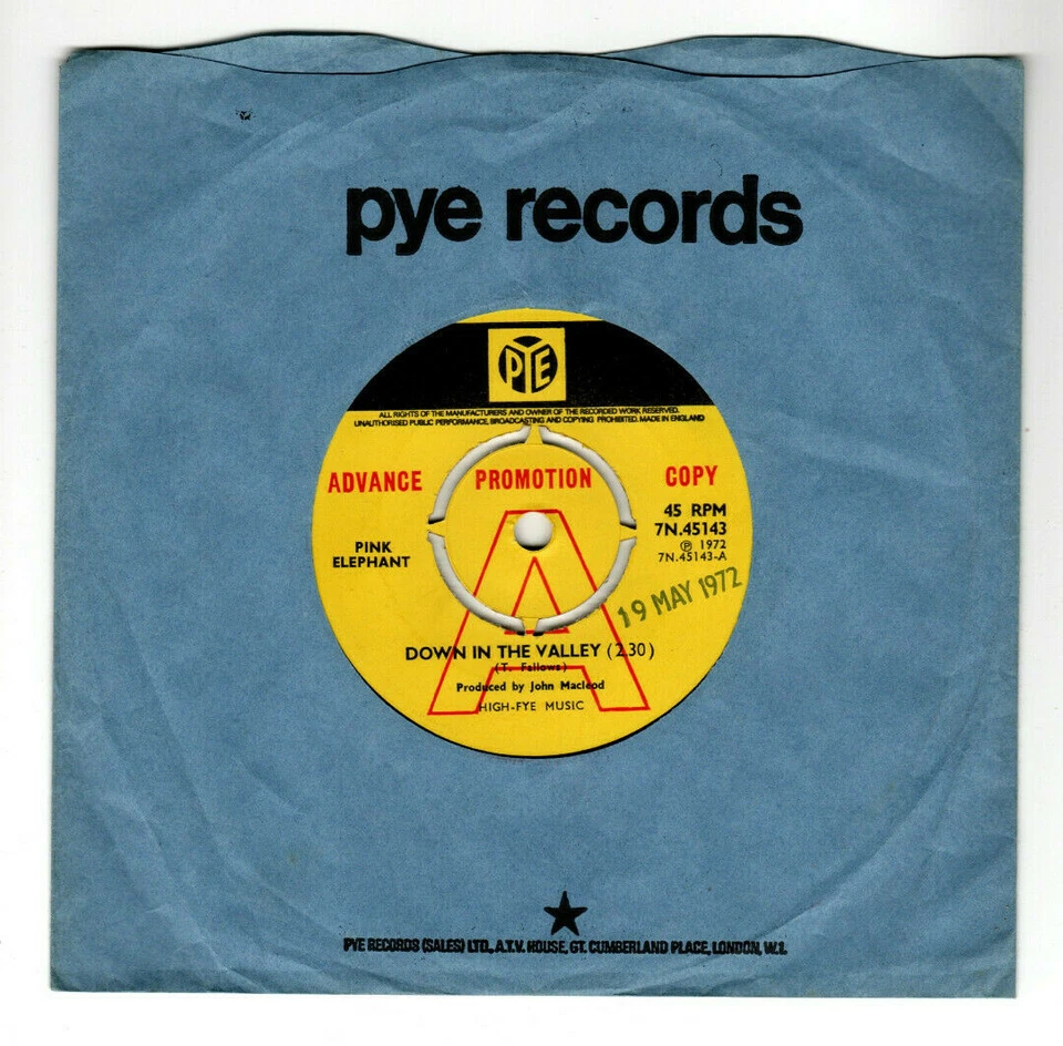 PINK ELEPHANT - DOWN IN THE VALLEY. RARE UK ORIG 1972 7" PROMO & CO/SLEEVE. VG+ - Image 1 of 4