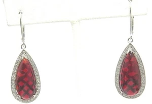 E3499R 20ct Ruby Red Helenite Pear Sterling Silver Fancy Dangling Earrings - Picture 1 of 9