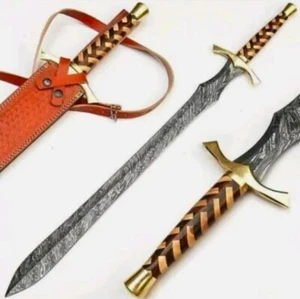 DAMASKUS STAHLSCHWERT MASSGESCHNEIDERT HANDGEFERTIGT WIKINGERSCHWERT HOLZGRIFF MIT MESSINGSCHUTZ - Bild 1 von 4