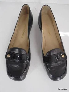 Mocasines planos de ballet Bruno Magli talla 7,5 AA cuero negro dorado logotipo cómodo - Imagen 1 de 11