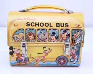 Vintage 1960er Walt Disney Schulbus Metall Brotdose Aladdin Blechfiguren EUC - Bild 1 von 15