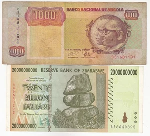 Angola, Zimbabwe, set di due banconote diverse, vecchia emissione - Foto 1 di 2