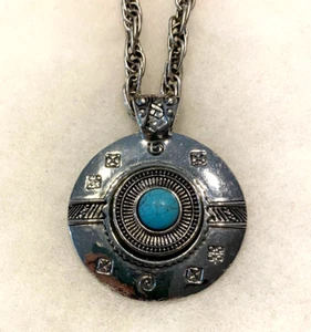 Whiting & Davis silberfarbener Anhänger mit künstlichem Türkis an 24 Zoll Gliederkette - Bild 1 von 8