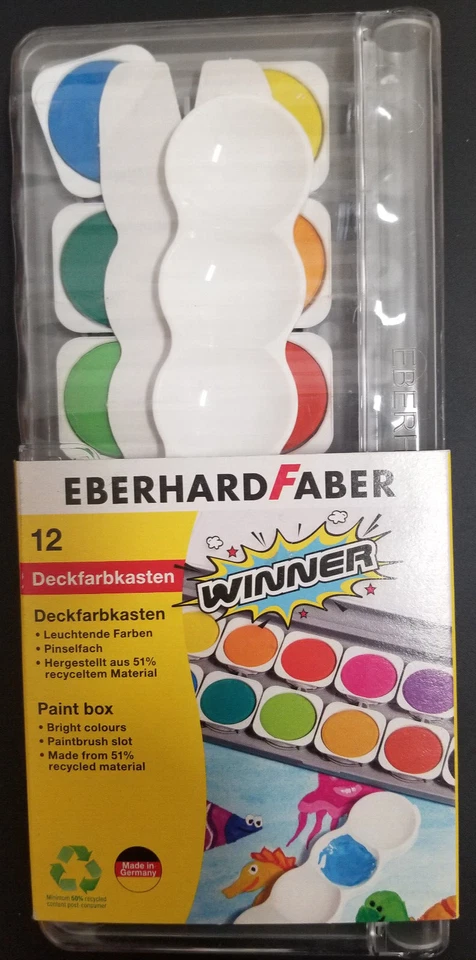 EBERHARDFABER EberhardFarber Deckfarbkasten Malkasten WINNER 12er inklusiv Deckweiß Pinselfach