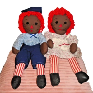 PAAR ANTIKE VINTAGE 24 ZOLL GROSSE AFROAMERIKANISCHE RAGGEDY ANN UND ANDY STOFFPUPPEN - Bild 1 von 23