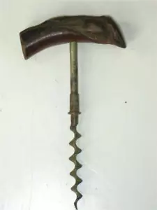 Antique Hand Crafted Iron Cork Screw Opener Hand Carved Cedar Wood Handle 1900's - Picture 1 of 1