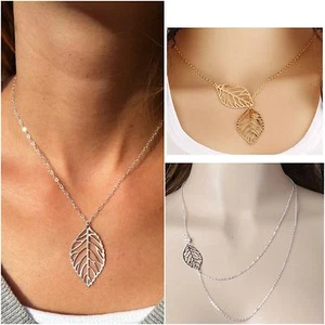 Double Single Leaf Necklace Gold Silver Chain Fashion with Gift Bag - Picture 1 of 10