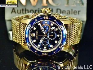 Orologio Invicta Uomo 48mm Pro Diver SCUBA Cronografo QUADRANTE BLU Tono Oro MAGLIA SS - Foto 1 di 19