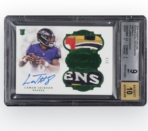 2018 Flawless Lamar Jackson Rookie Dual Logo Patch Auto Emerald 2/2 Bgs 9 10 1/1