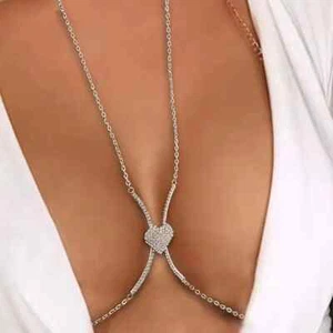 Iced Shiny Rhinestone Love Heart Bralet Chest Chain Sexy Body Chain Jewelry - Picture 1 of 13