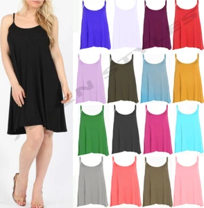 CAMI DRESS SLEEVELESS SUMMER FLARED WOMEN TANK STRAPPY MINI CAMISOLE DRESS - Picture 1 of 43