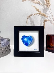 Heart Balloon original oil painting-FRAMED Blue helium Balloon Mini Art sale - Picture 1 of 3