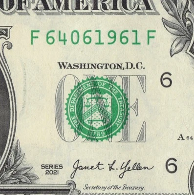 Billete del año 1961 en posición final número de serie billete de $1 dólar F64061961F Foto 1 de 4