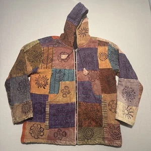 Patchwork Hoodie Womens Medium Mulicoloured Fleece Lined Nepal CottonBoho Hippy - Picture 1 of 15