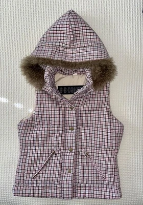 Y2k BB Dakota Plaid Vest Jacket Removable Faux Fur Hood Preppy Schoolgirl Large  - Image 1 of 4
