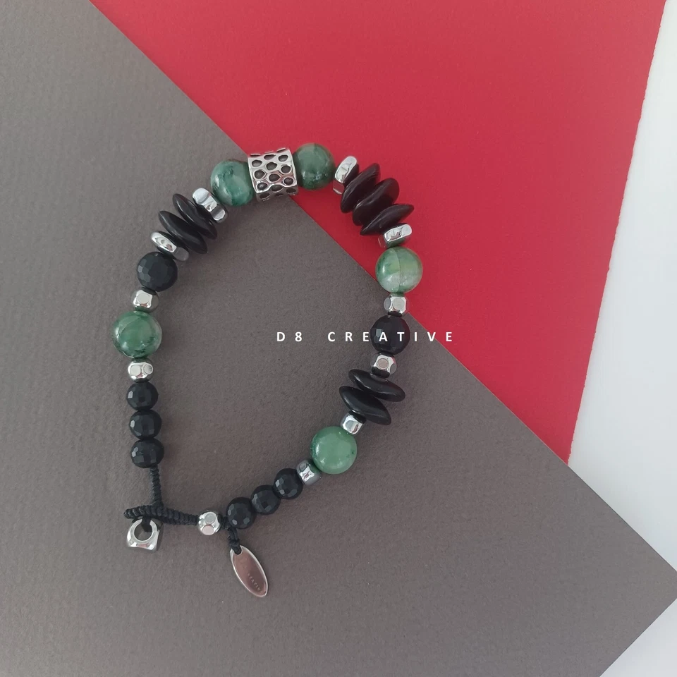 Pulseira masculina de jade verde natureza com aço inoxidável tecido à mão design original - Imagem 1 de 4