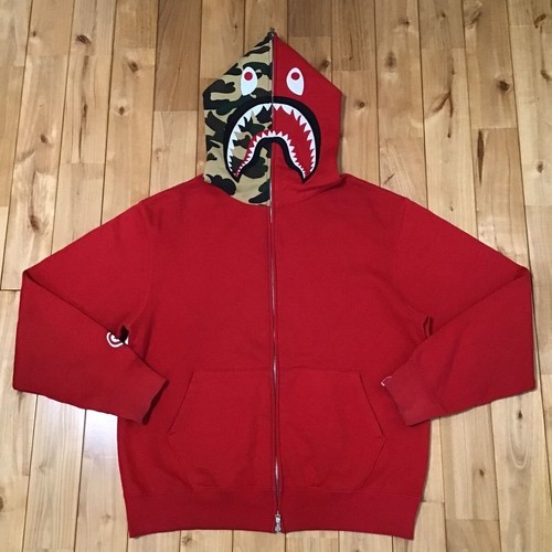 A BATHING APE (BAPE) Felpa con cappuccio zip intera BAPE 1° verde mimetico × squalo rosso NIGO A Bathing Ape taglia M uomo!!