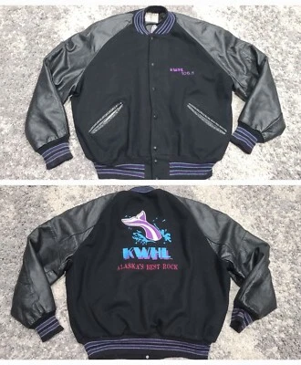 VTG KWHL 106.5 ALASKA ROCK Delong Letterman Wool Leather Varsity Jacket XL 80s - Изображение 1 из 4