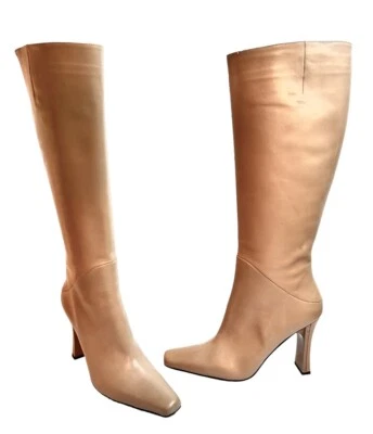 Via Spiga Talla 9.5 Botas Altas Cuero Tostado Natural Mujer’s Hasta la Rodilla Cremallera Rancho Foto 1 de 4